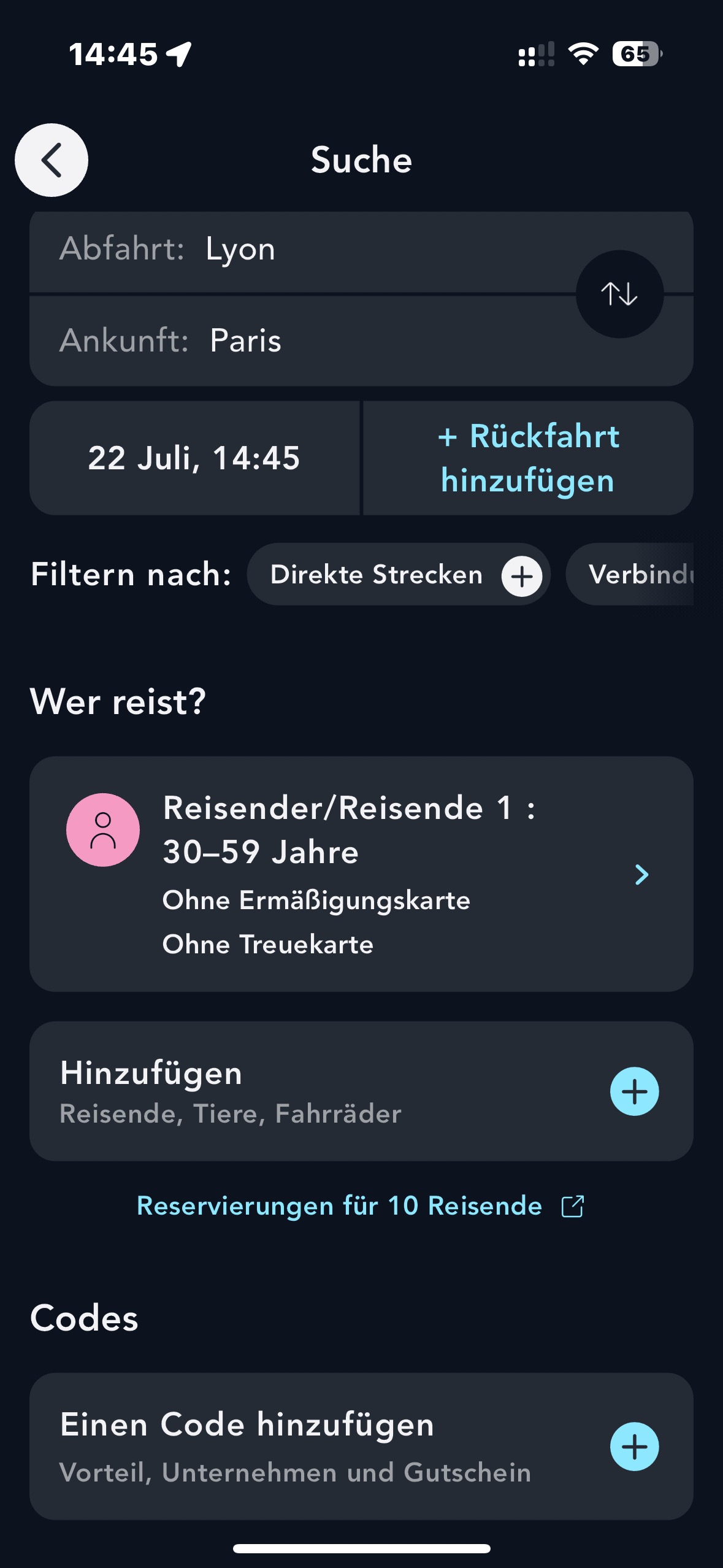 Bildschirm der Suchseite